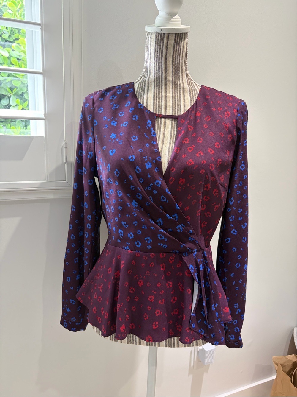 Parker Two-Tone Floral Wrap Blouse - Burgundy with Blue & Red Prints